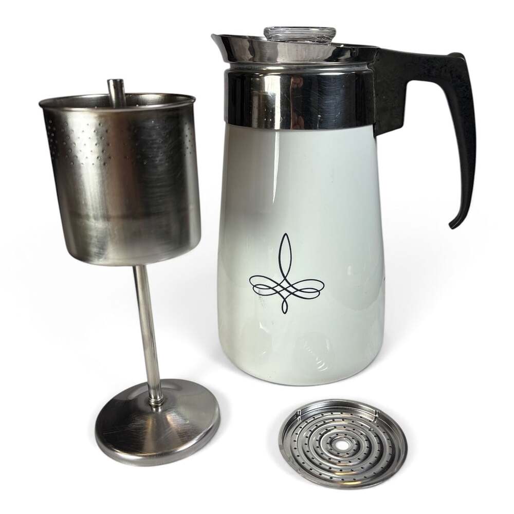 Vintage Corning Ware Black Trefoil 9 Cup Percolator Coffee Pot Complete